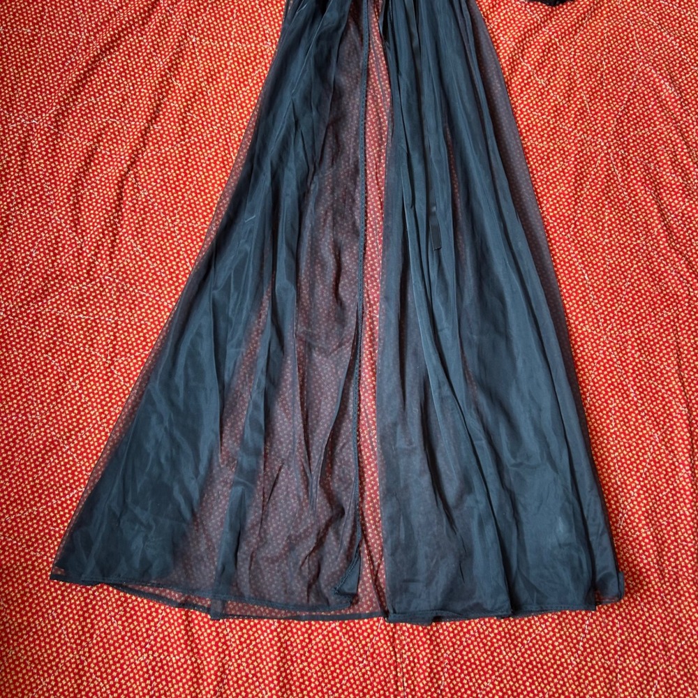 Vintage Miss Elaine Black Sheer Nylon Maxi Robe Peignoir Puff Sleeve Bows Large - Picture 4 of 9